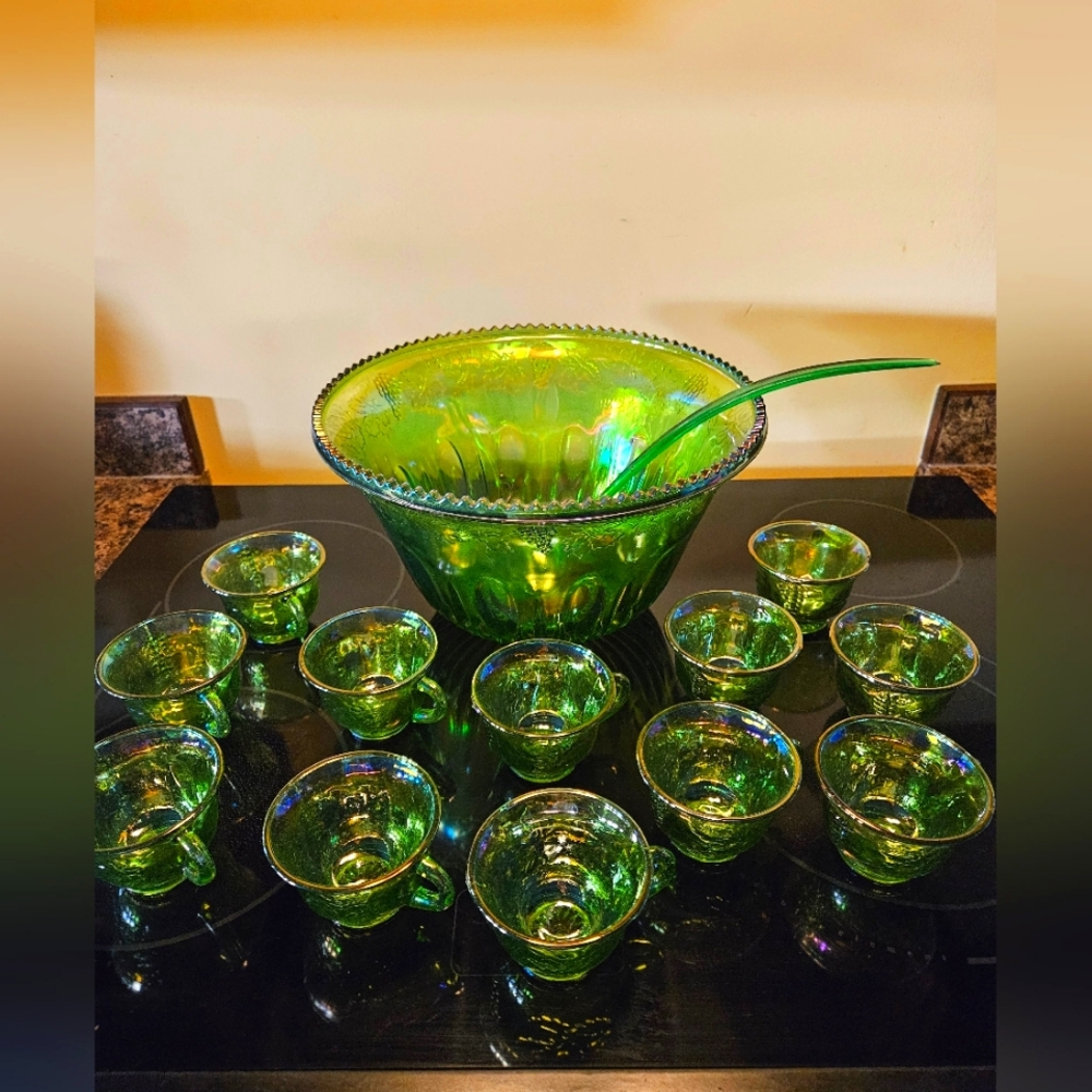 Vintage Indiana Green Iridescent Carnival Glass Harvest Punch Bowl and 12 Cups